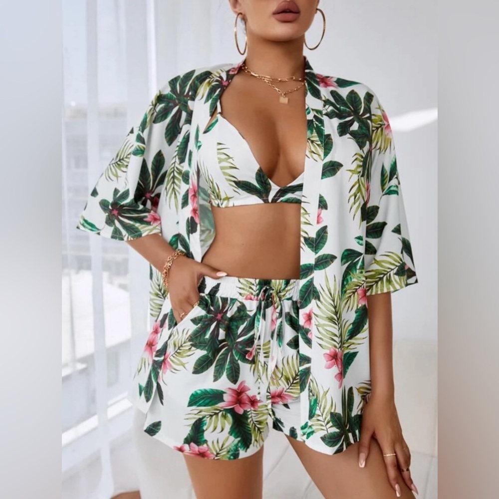 SHEIN White Tropical Leaf & Pink Floral Drawstring Shorts Set
